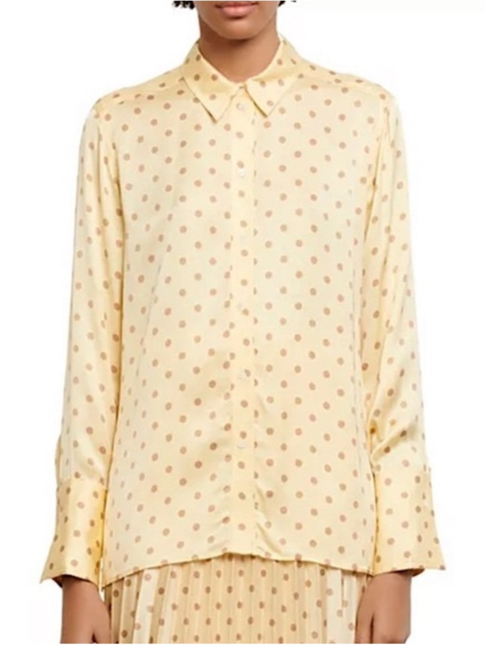 Sandro Yellow Button-Down Blouse with Pink Polka Dots